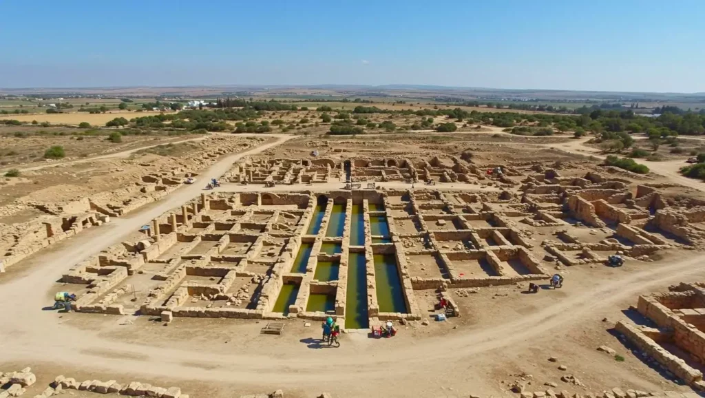 Vue aérienne d’un site archéologique romain en Tunisie avec bassins et ruines en plein désert