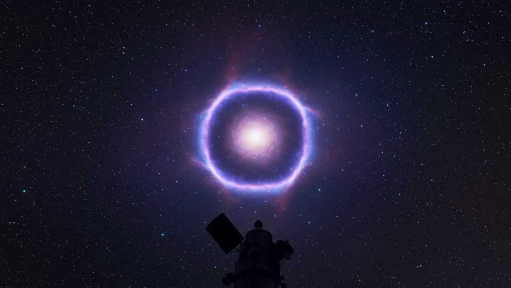 « Halo lumineux circulaire autour d’une source brillante au centre de la Voie lactée, observé depuis un télescope sous un ciel étoilé »