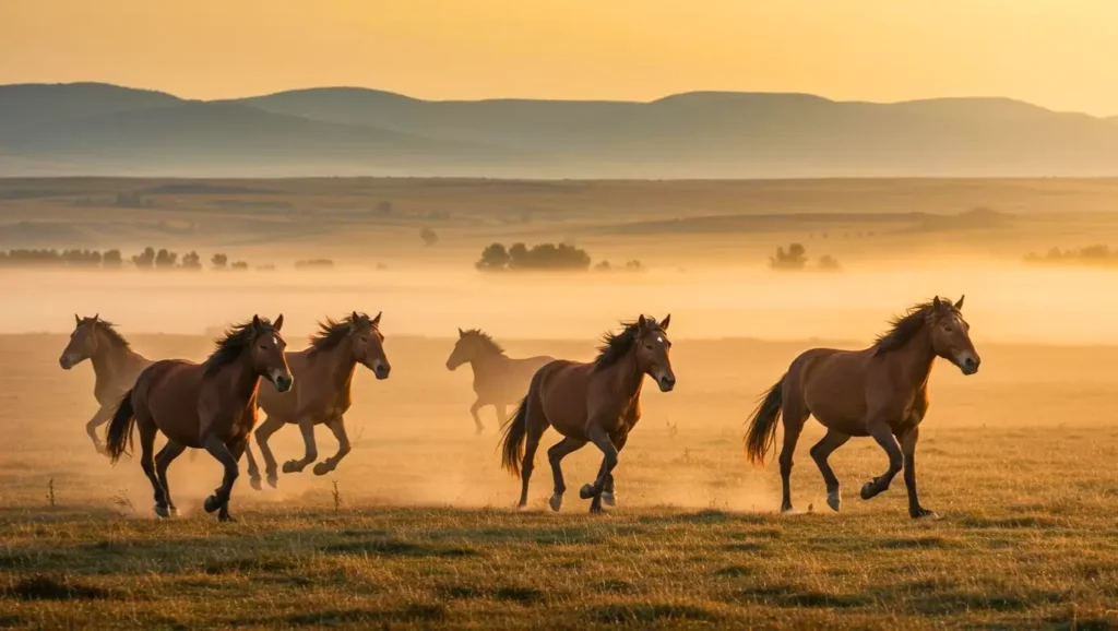 Groupe de chevaux sauvages courant dans une prairie au lever du soleil, entourés d’une légère brume dorée.