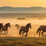 Groupe de chevaux sauvages courant dans une prairie au lever du soleil, entourés d’une légère brume dorée.