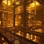 Installation industrielle souterraine avec structures métalliques et tuyaux, éclairée d’une lumière orange dans une cavité rocheuse