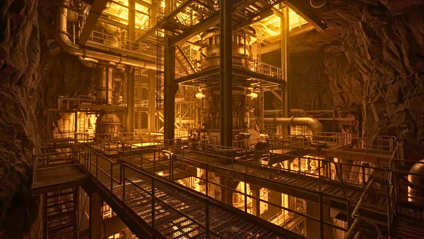 Installation industrielle souterraine avec structures métalliques et tuyaux, éclairée d’une lumière orange dans une cavité rocheuse
