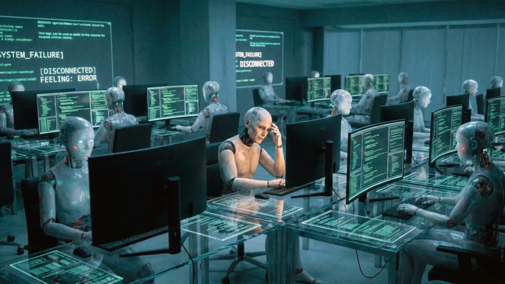 Robots humanoïdes travaillant sur des ordinateurs dans un bureau futuriste, symbolisant l’automatisation par l’intelligence artificielle