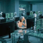 Robots humanoïdes travaillant sur des ordinateurs dans un bureau futuriste, symbolisant l’automatisation par l’intelligence artificielle