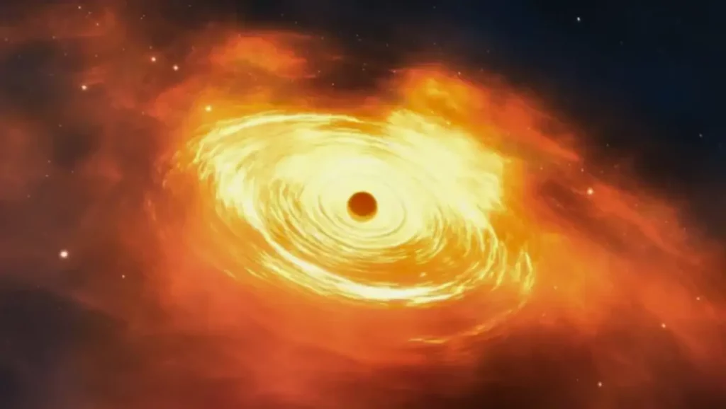 Vue d’artiste d’une gigantesque éruption cosmique, montrant un disque incandescent de matière tourbillonnant autour d’un trou noir dans l’espace.