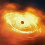 Vue d’artiste d’une gigantesque éruption cosmique, montrant un disque incandescent de matière tourbillonnant autour d’un trou noir dans l’espace.