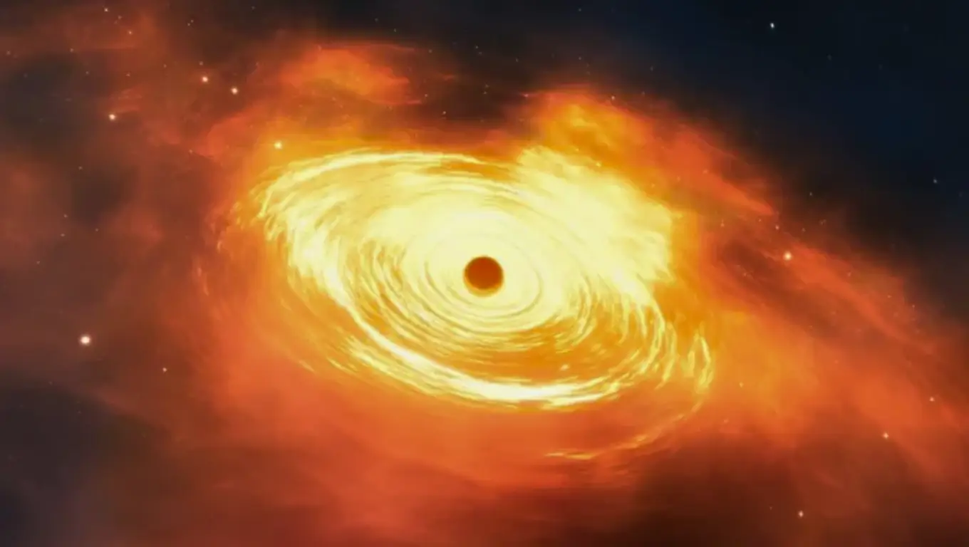 Vue d’artiste d’une gigantesque éruption cosmique, montrant un disque incandescent de matière tourbillonnant autour d’un trou noir dans l’espace.