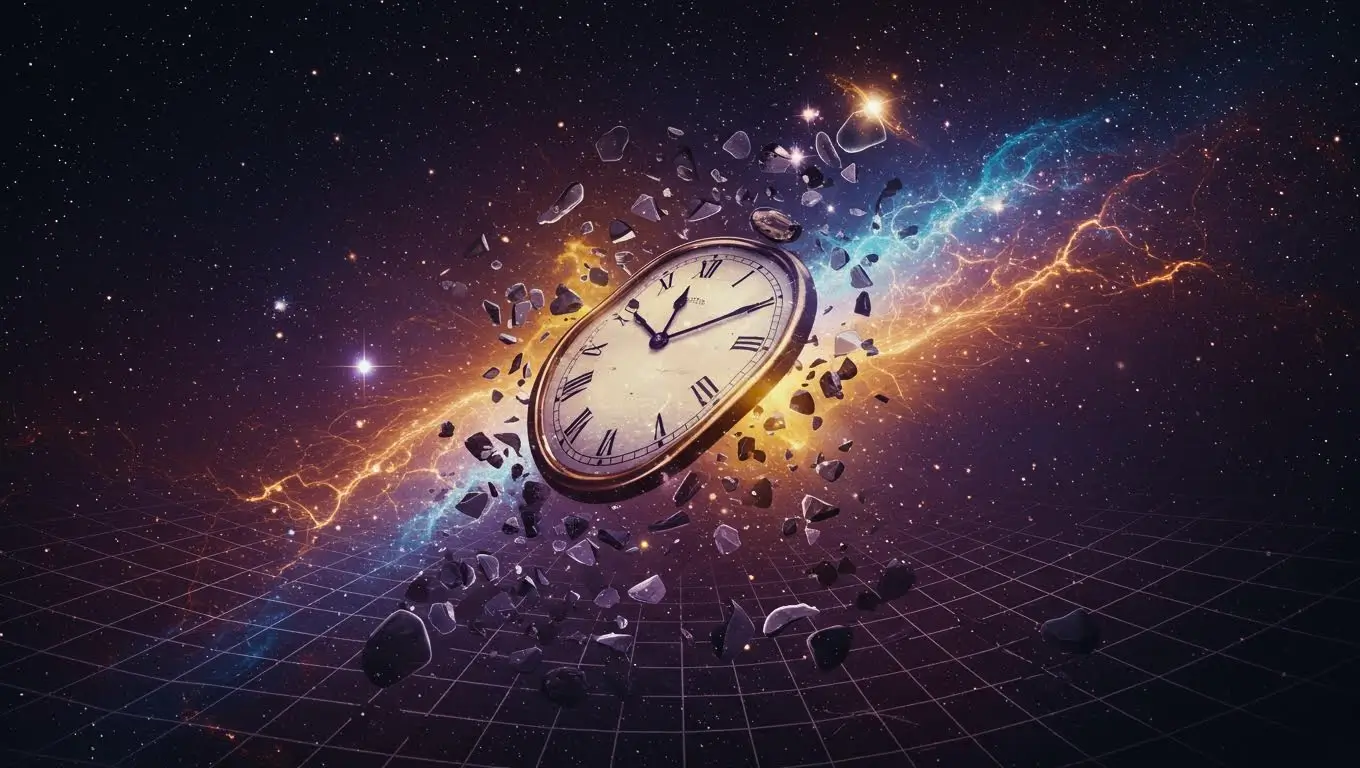 Illustration symbolique d’une montre éclatant dans l’espace, représentant la rupture du concept d’espace-temps selon la physique moderne.