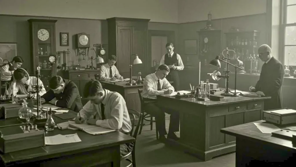 Chercheurs en blouse blanche travaillant dans un ancien laboratoire de physique ou de biologie, éclairé par la lumière naturelle, symbolisant une expérience historique sur le sommeil et la science.