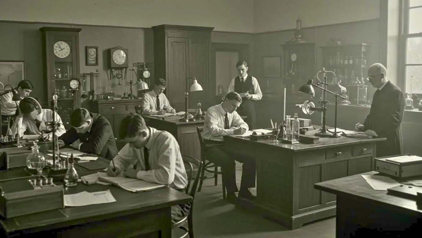 Chercheurs en blouse blanche travaillant dans un ancien laboratoire de physique ou de biologie, éclairé par la lumière naturelle, symbolisant une expérience historique sur le sommeil et la science.