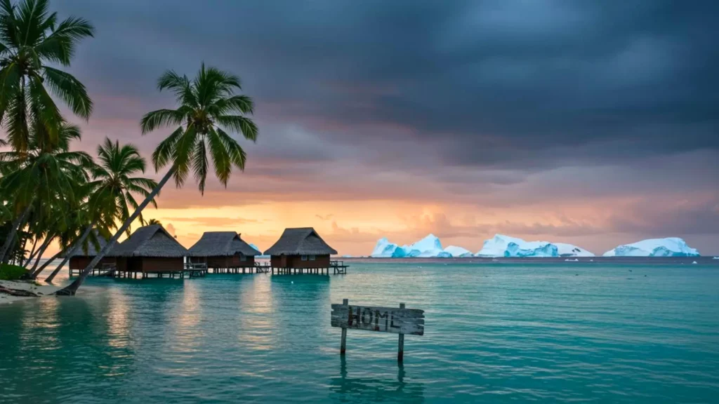 Pays tropical menacé par la montée des eaux, avec des maisons sur pilotis, des palmiers et des icebergs anormalement proches à l’horizon au coucher du soleil.