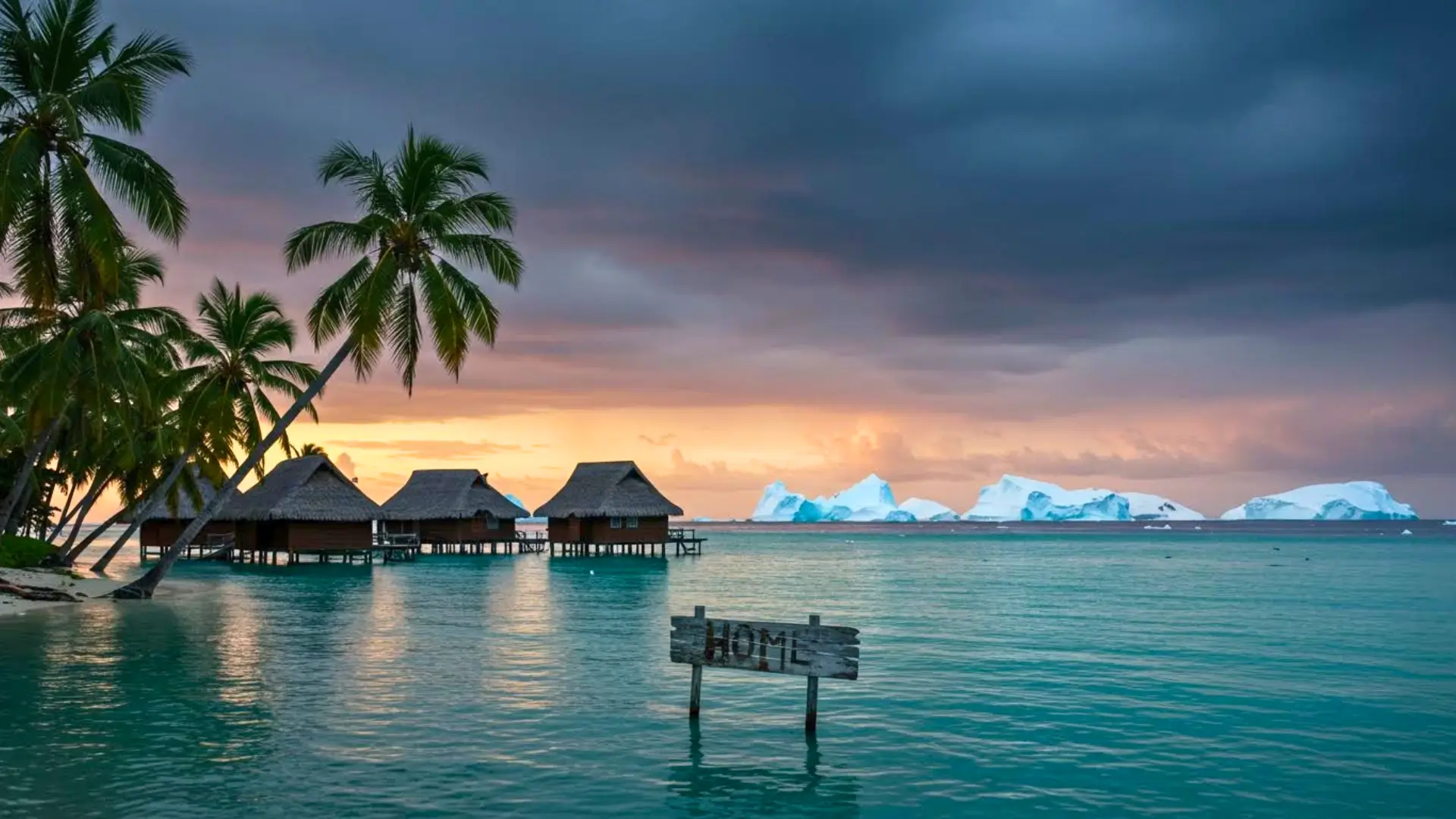 Pays tropical menacé par la montée des eaux, avec des maisons sur pilotis, des palmiers et des icebergs anormalement proches à l’horizon au coucher du soleil.