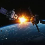 Illustration de deux satellites se percutant en orbite terrestre, avec une explosion lumineuse et la Terre visible en arrière-plan.
