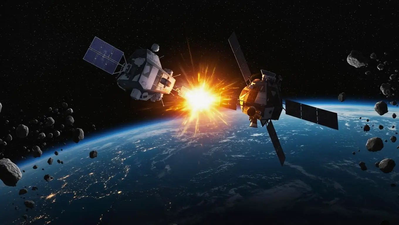 Illustration de deux satellites se percutant en orbite terrestre, avec une explosion lumineuse et la Terre visible en arrière-plan.