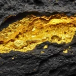 Veine d’or brillante incrustée dans une roche noire, révélant un gisement naturel rare.