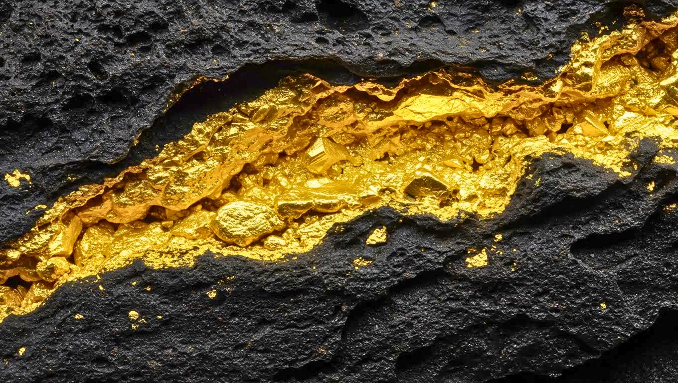 Veine d’or brillante incrustée dans une roche noire, révélant un gisement naturel rare.