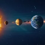 Illustration du Système solaire montrant le Soleil et les planètes alignées dans l’espace.