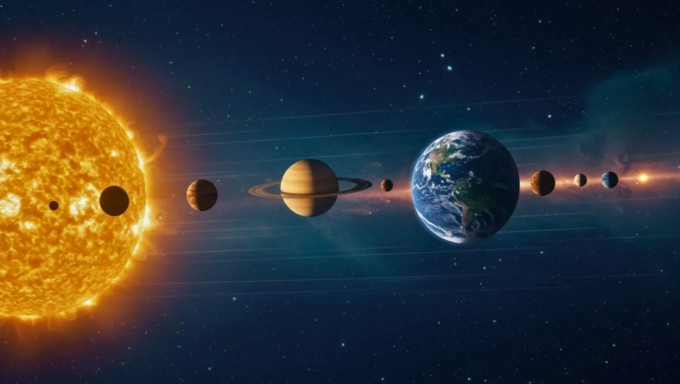 Illustration du Système solaire montrant le Soleil et les planètes alignées dans l’espace.