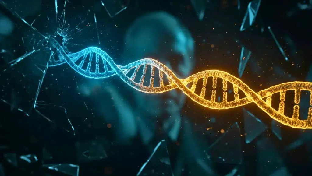 Illustration symbolique de la double hélice de l’ADN en lumière bleue et dorée, représentant la découverte scientifique majeure de James Watson.