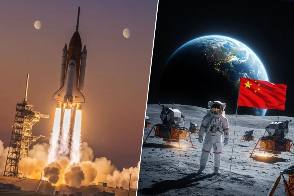 Fusée décollant dans le ciel au crépuscule à gauche et astronaute chinois plantant un drapeau rouge sur la Lune à droite, avec la Terre visible en arrière-plan.