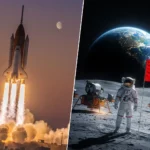 Fusée décollant dans le ciel au crépuscule à gauche et astronaute chinois plantant un drapeau rouge sur la Lune à droite, avec la Terre visible en arrière-plan.