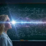 Scientifique observant un faisceau lumineux symbolisant la conscience et la physique quantique devant un tableau rempli d’équations.