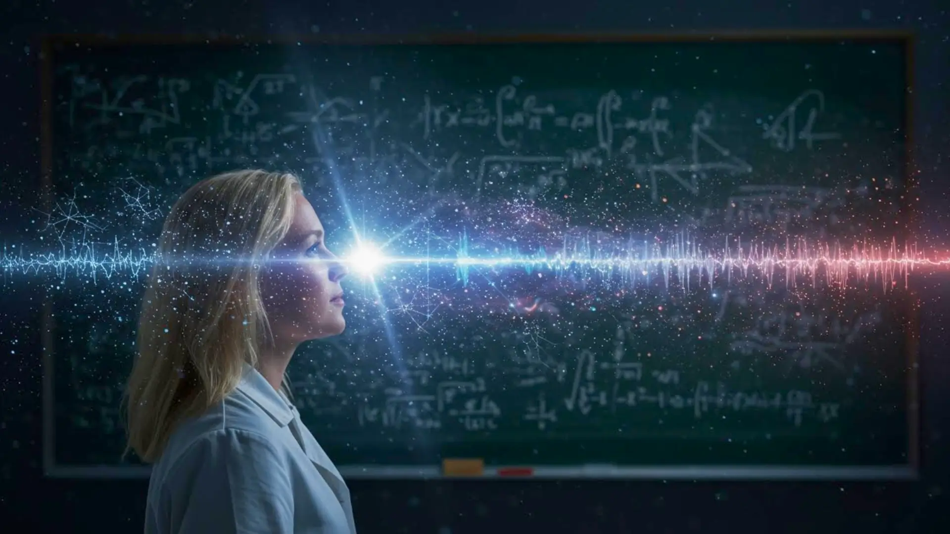 Scientifique observant un faisceau lumineux symbolisant la conscience et la physique quantique devant un tableau rempli d’équations.