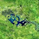Image satellite du lac Carnegie en Australie, affichant des motifs bleus et verts sinueux évoquant un organisme vivant vu du ciel.