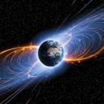 Représentation artistique du champ magnétique terrestre, avec la planète entourée de lignes de force lumineuses bleues et orangées dans l’espace.