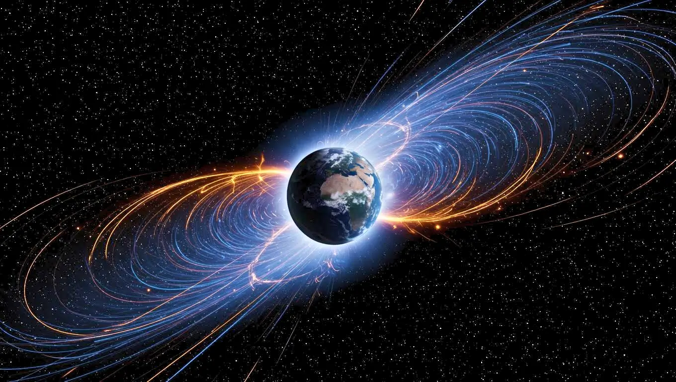 Représentation artistique du champ magnétique terrestre, avec la planète entourée de lignes de force lumineuses bleues et orangées dans l’espace.