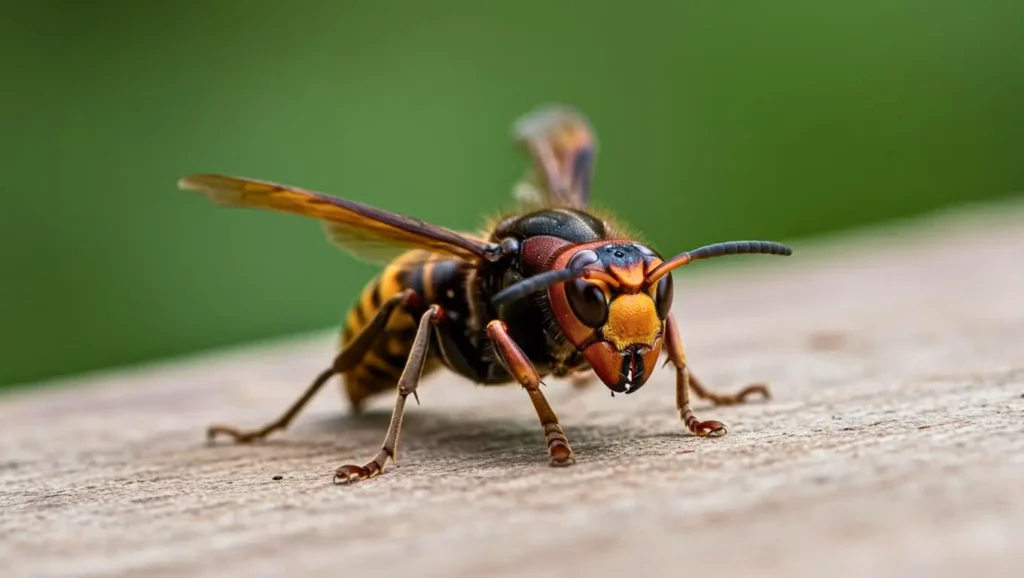 Gros plan détaillé d’un frelon asiatique posé sur une planche en bois avec un fond vert flou.