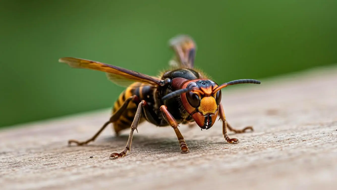 Gros plan détaillé d’un frelon asiatique posé sur une planche en bois avec un fond vert flou.