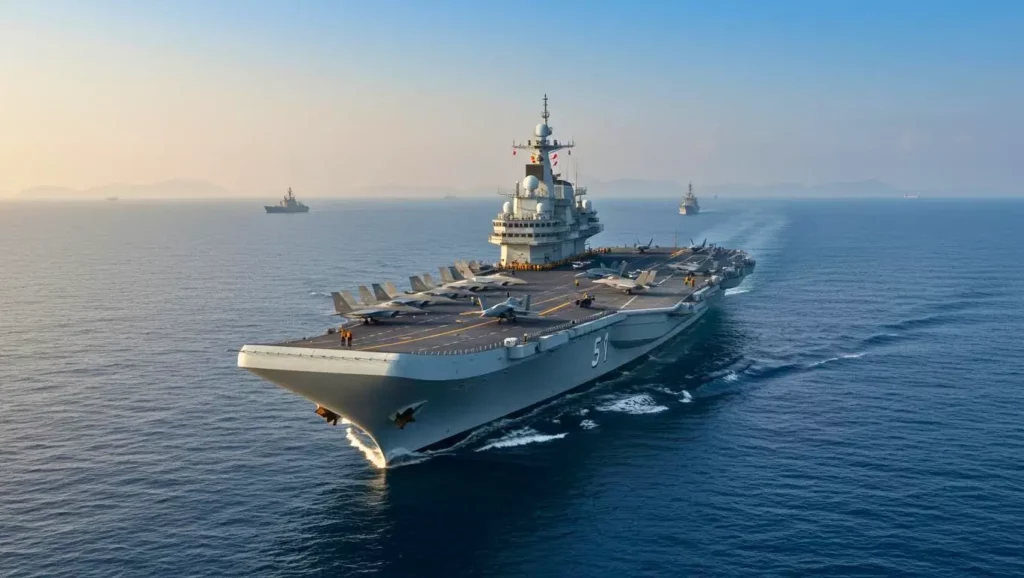 Porte-avions moderne naviguant en mer avec plusieurs avions de combat sur son pont et des navires militaires en arrière-plan.