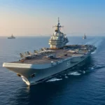 Porte-avions moderne naviguant en mer avec plusieurs avions de combat sur son pont et des navires militaires en arrière-plan.