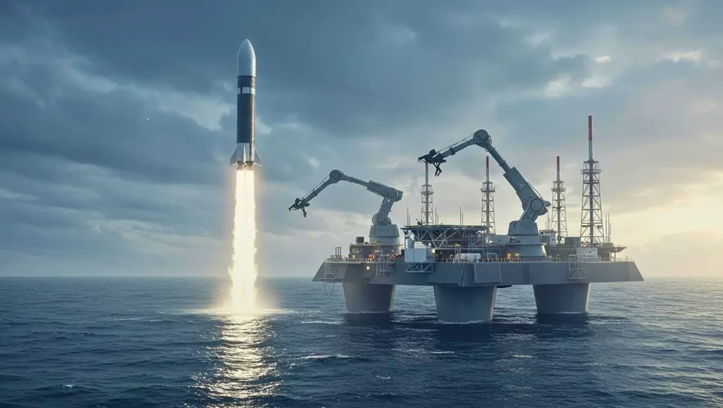 Plateforme de lancement maritime propulsant une fusée au-dessus de l’océan sous un ciel nuageux.