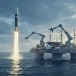 Plateforme de lancement maritime propulsant une fusée au-dessus de l’océan sous un ciel nuageux.