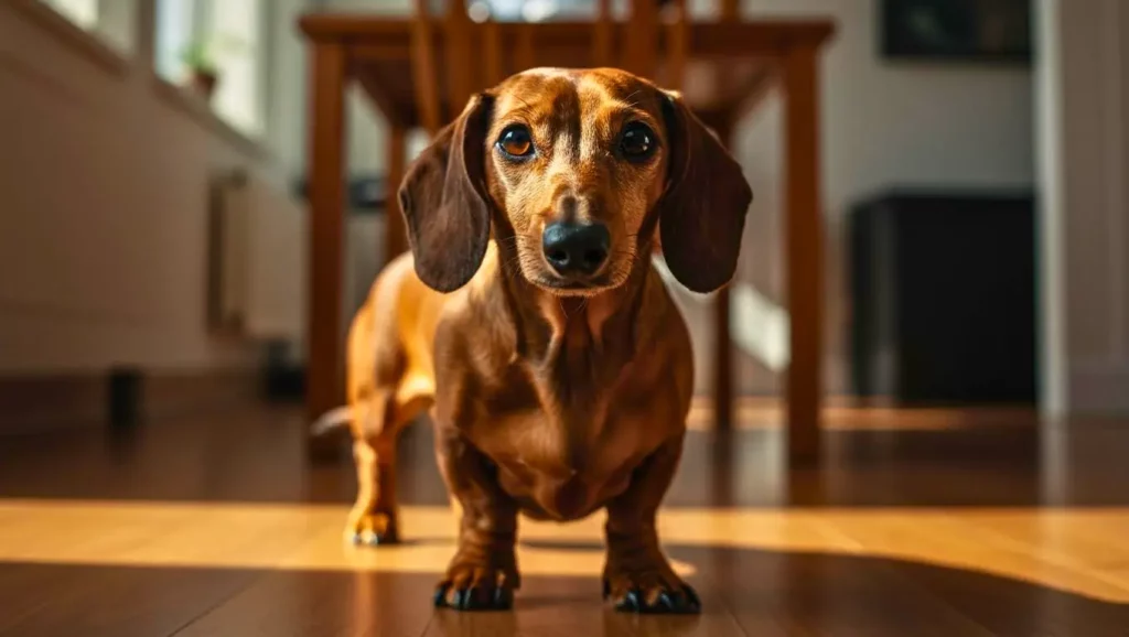 Teckel brun debout dans une pièce ensoleillée, regardant vers l’objectif.