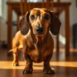 Teckel brun debout dans une pièce ensoleillée, regardant vers l’objectif.