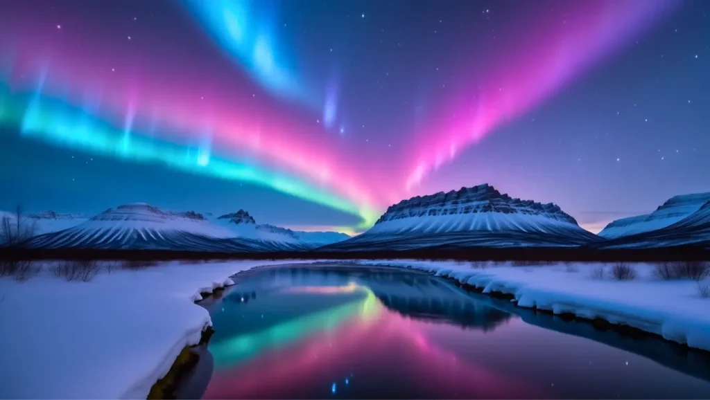 Aurores boréales multicolores dans un ciel nocturne au-dessus de montagnes enneigées et d’un lac reflétant les lumières.