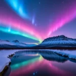 Aurores boréales multicolores dans un ciel nocturne au-dessus de montagnes enneigées et d’un lac reflétant les lumières.