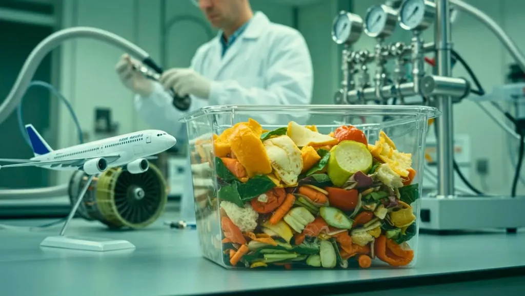 Bac rempli de déchets alimentaires sur une table de laboratoire, avec un chercheur travaillant à l’arrière-plan et une maquette d’avion, illustrant la transformation des biodéchets en carburant pour avions.