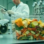 Bac rempli de déchets alimentaires sur une table de laboratoire, avec un chercheur travaillant à l’arrière-plan et une maquette d’avion, illustrant la transformation des biodéchets en carburant pour avions.