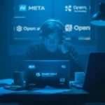 Jeune homme avec un casque travaillant de nuit sur un ordinateur, entouré de documents et d’écrans affichant des logos de grandes entreprises technologiques.