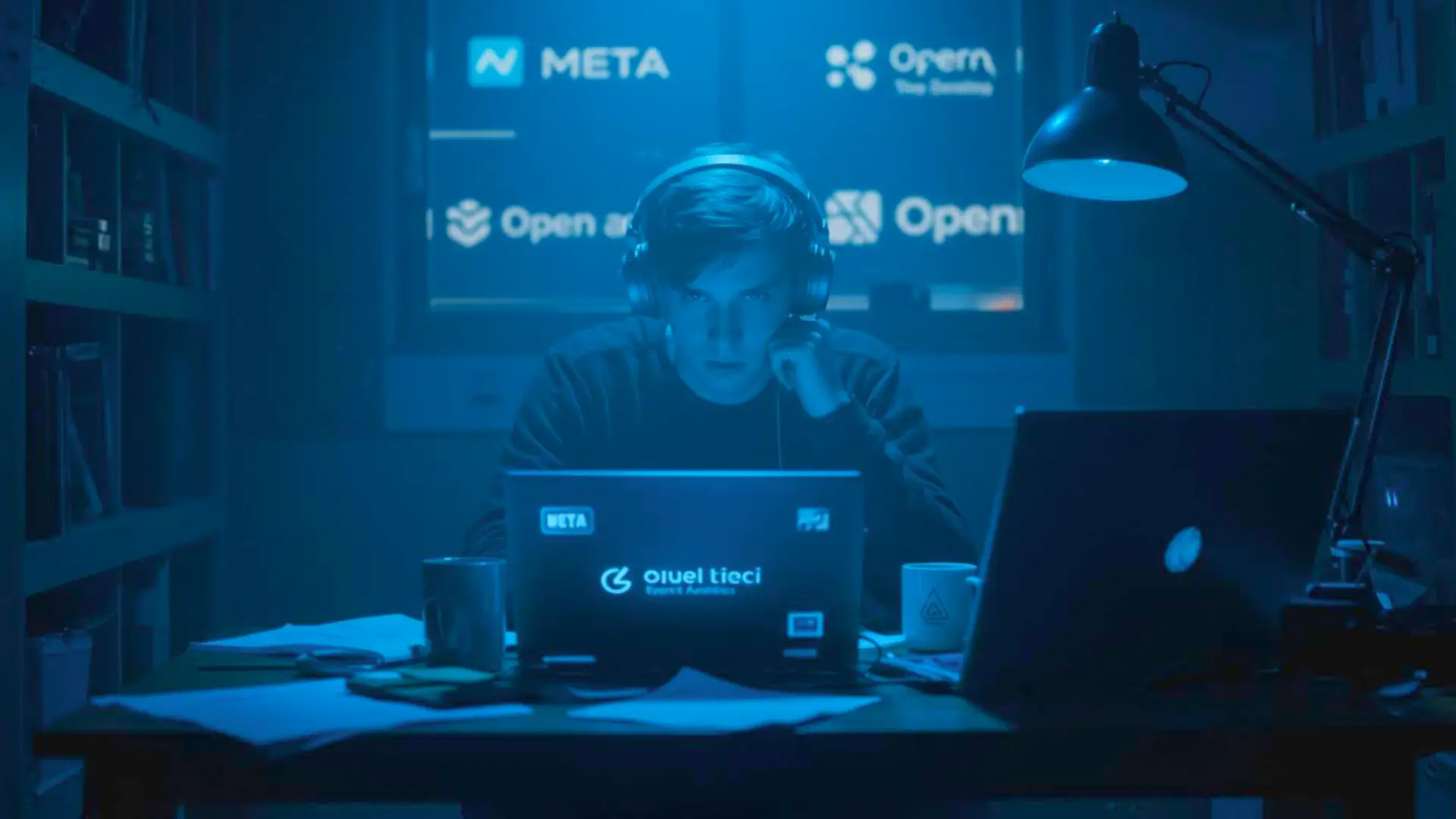 Jeune homme avec un casque travaillant de nuit sur un ordinateur, entouré de documents et d’écrans affichant des logos de grandes entreprises technologiques.