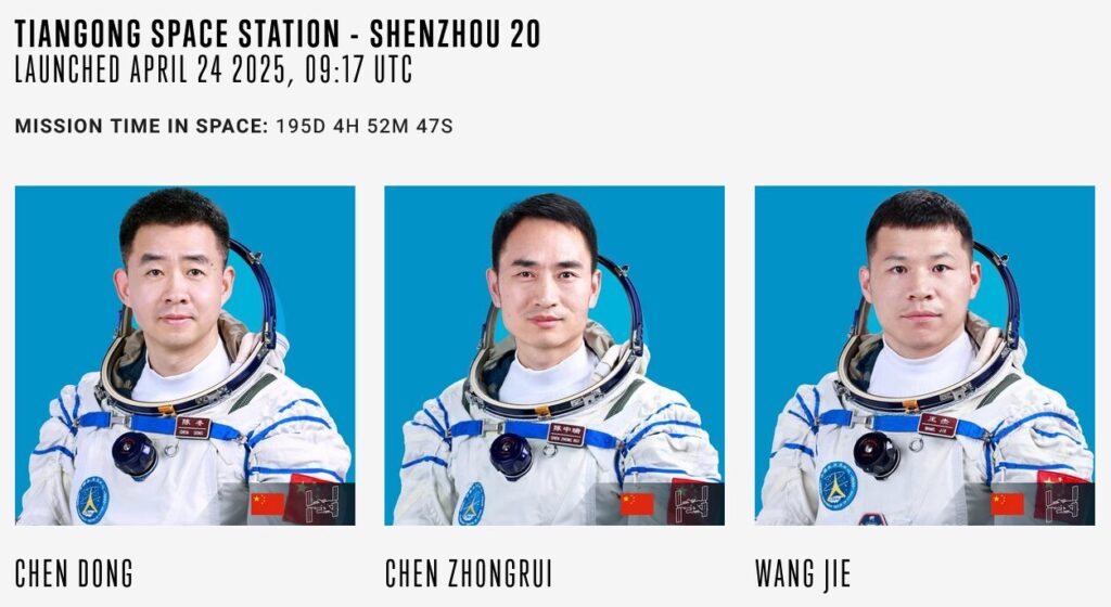 Portraits de trois astronautes chinois en combinaison spatiale, alignés devant un fond bleu, dans le cadre d’une mission vers la station Tiangong.