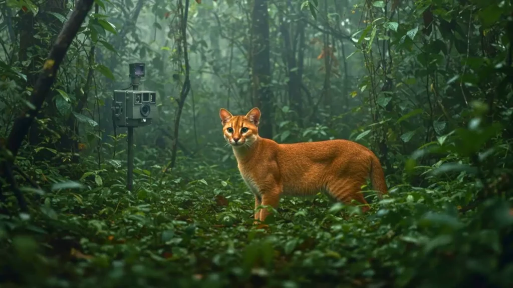 Chat doré d’Afrique observé par une caméra piège dans une forêt tropicale dense.