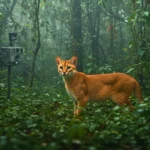Chat doré d’Afrique observé par une caméra piège dans une forêt tropicale dense.