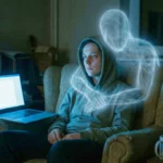 Jeune homme isolé, enlacé par une figure virtuelle près d’un ordinateur portable