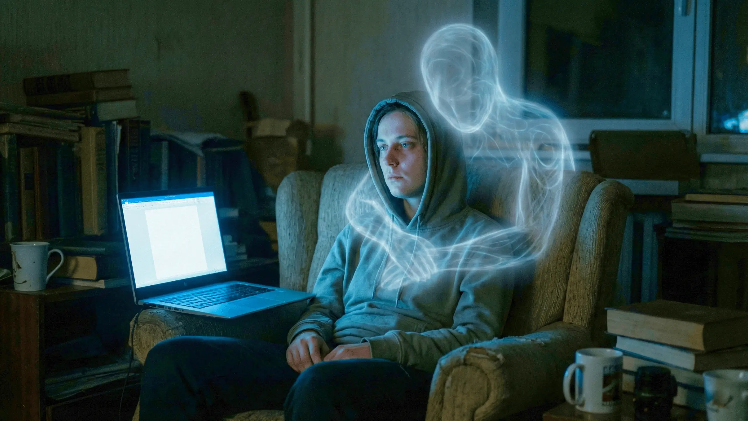 Jeune homme isolé, enlacé par une figure virtuelle près d’un ordinateur portable