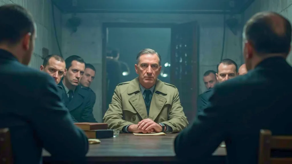 Homme en imperméable assis face à plusieurs officiers dans une salle sombre, scène d’interrogatoire inspirée de L’Armée des Ombres.